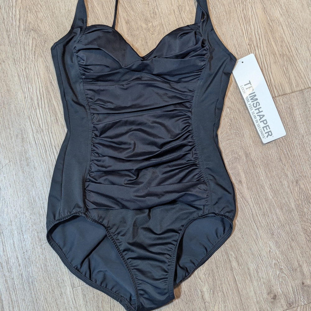Women's Trimshaper Black Ruched One Piece Swimsuit Size 8